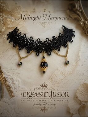 “Midnight Masquerade”-Black Lace Choker with Cloisonné Accents